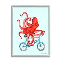 Stupell Industries crveni pipci hobotnice Riding Blue Bike Bicycle grafička Umjetnost siva uokvirena Art