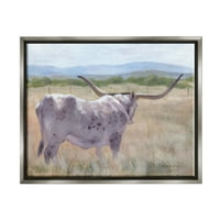 Stupell Longhorn Ogromna Ruralna Travnata Farma Životinje I Insekti Slikarstvo Siva Plutač Uokvirena Umjetnost
